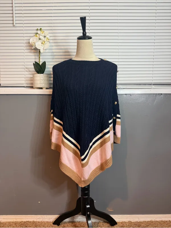 Talbots Cable Knit Cashmere Blend Poncho Navy Pink Camel Colorblock Cape XS - Image 2