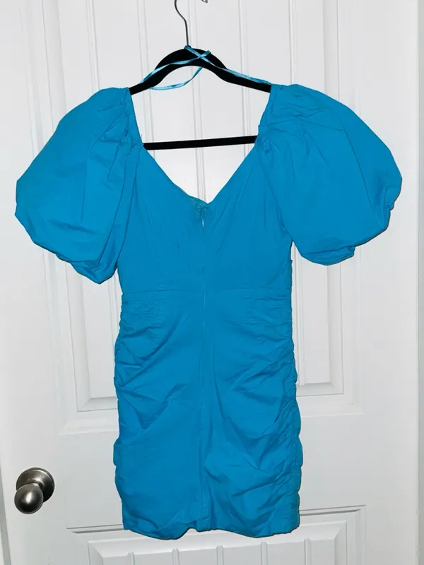 Lavish Bright Blue Puff-Sleeve Ruched Mini Dress - Image 4