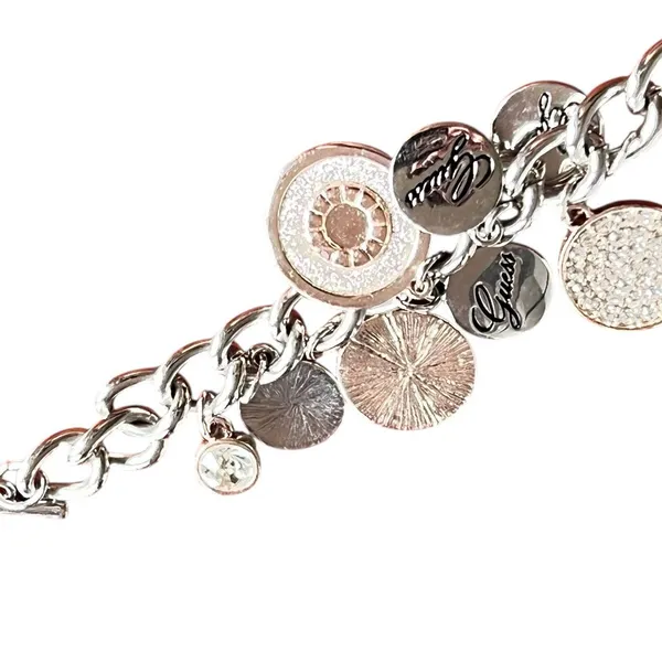 Guess Y2K Charm Link Bracelet Silver Rose Gold Crystal Logo Dangle Modern Glam‎ - Image 9