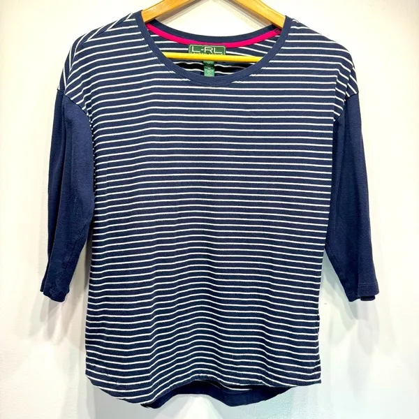 Lauren Active by Ralph Lauren Navy Blue & White Striped Jersey Top Nautical - Image 2