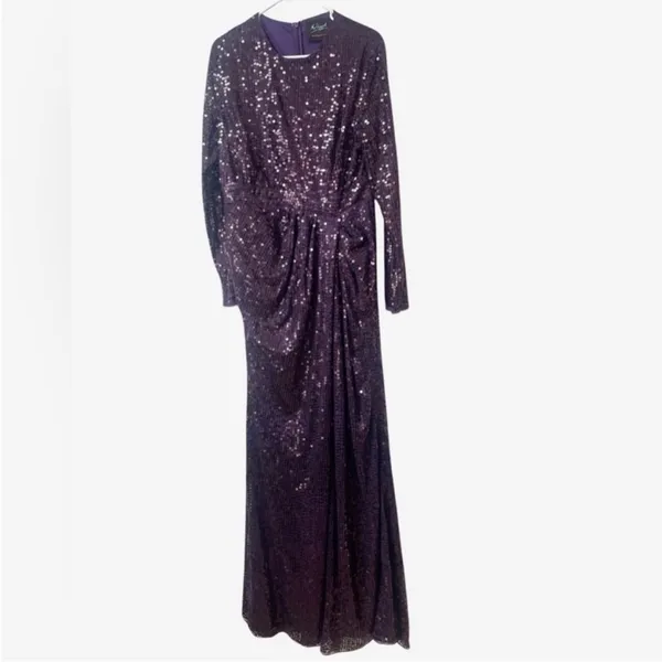 New Mac Duggal Sequined‎ High Neck Long Sleeve Draped Purple Maxi Dress Gown 12 - Image 7