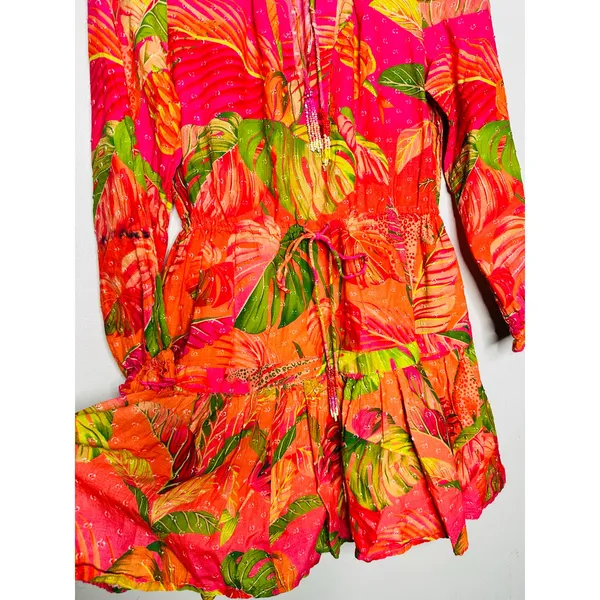 FARM RIO Pink Orange Floral Cotton A-Line Tie Waist Ombre Forest Mini Dress S - Image 10