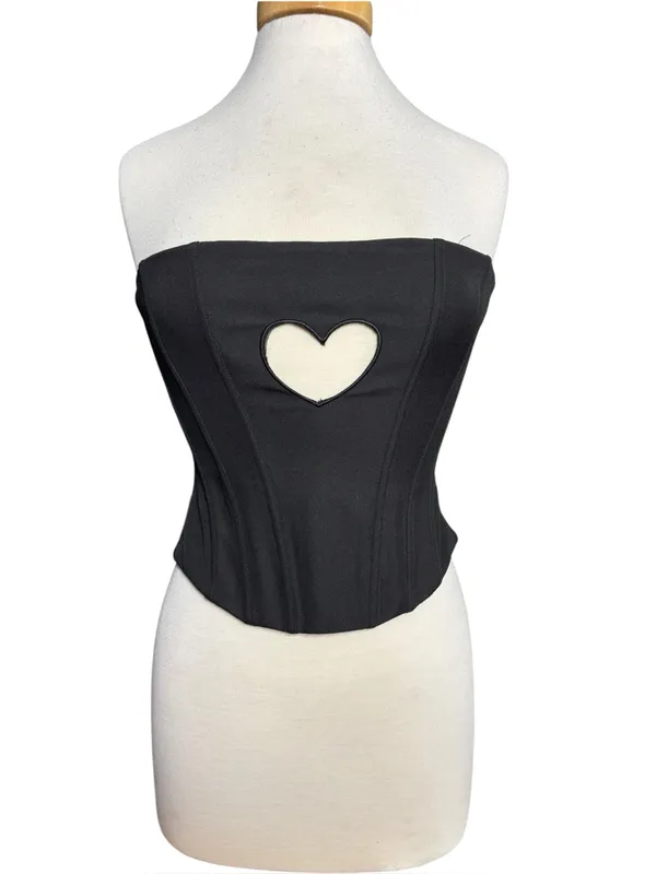 White Fox Black Strapless Corset Top with Heart Cutout & Front Zip Size Small - Image 2