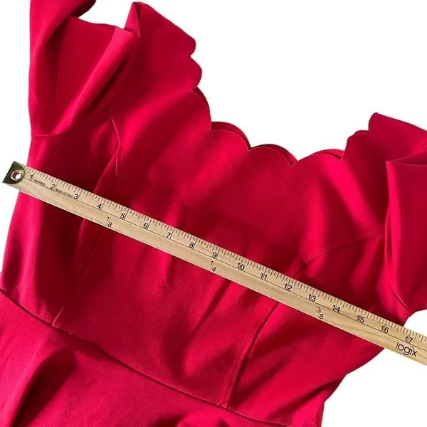 Lulus Red Scalloped Mini Skater Dress Womens L Stretch Knit Flared Fit & Flare - Image 11