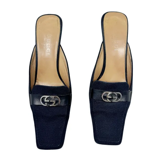Gucci GG Logo Canvas Mule Heels Black Square Toe Slide Pumps 7.5 Made in Italy - Image 2