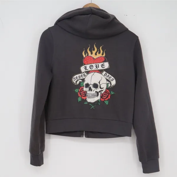 LA Glow Hoodie Womens M Skull Love Never Dies Charcoal Grey Zip Up Excellent - Image 5