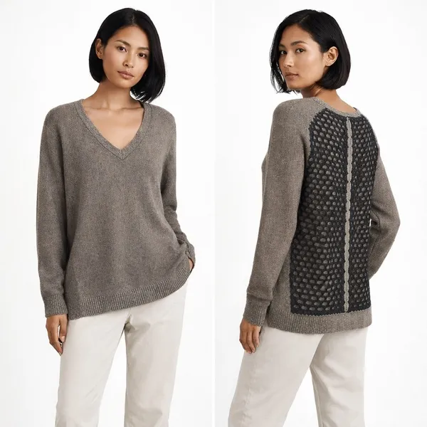 360 Sweater Womens Open Knit Back Panel Lambswool Blend Taupe L Minimalist Luxe - Image 2