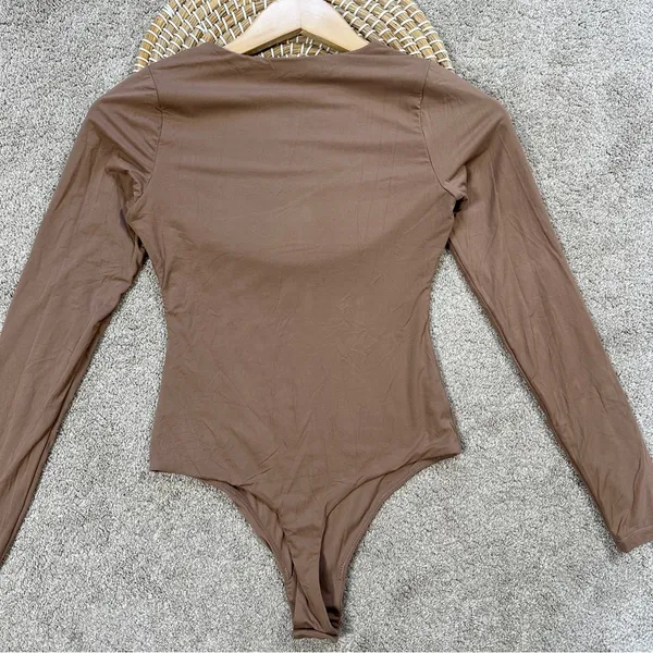 Pumiey Brown Crew Neck Long Sleeve Bodysuit Second-skin Feel Tops in Latte S - Image 9