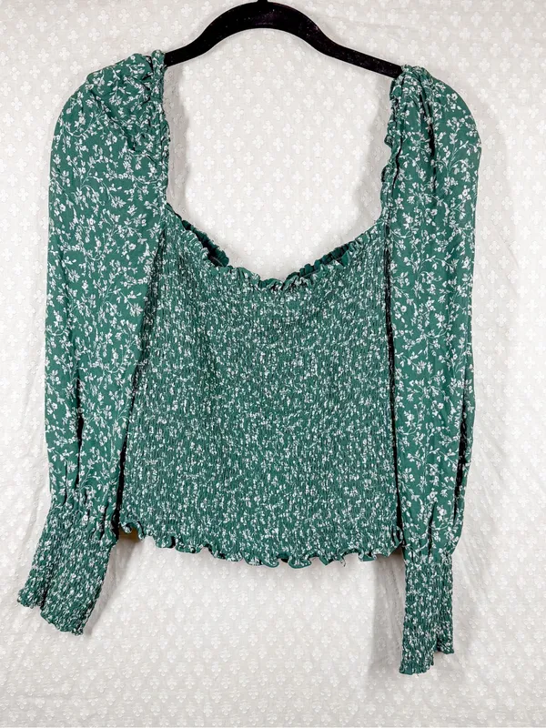 Reformation Green‎ White Floral Smocked Pinto Puff Sleeve Top - Image 2