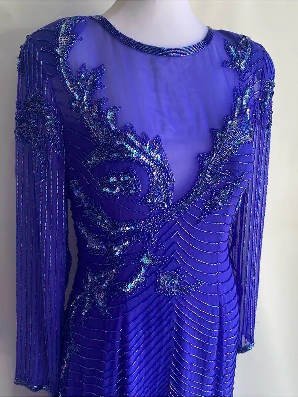 A.J. Bari vintage blue beaded silk floor length gown glamour gala black tie 12 - Image 2