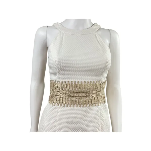 Lilly Pulitzer‎ White Textured Neck Halter Dress Gold Embellished Waist Size 00 - Image 6