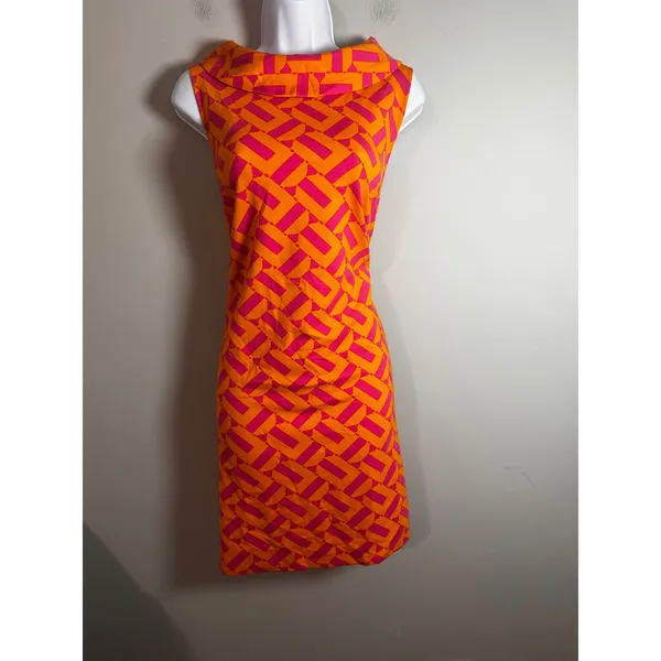 Trina Turk Leko Mini‎ Dress Orange Pink Geometric Cowl Neck Sleeveless NWT L - Image 3