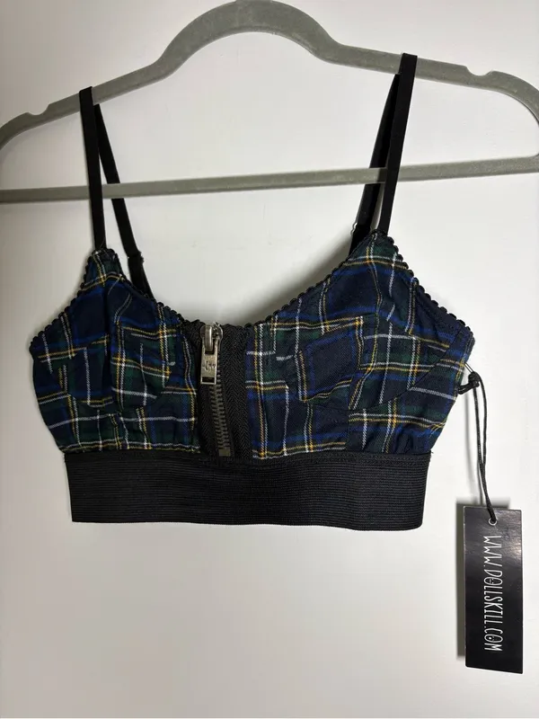 Current Mood Dolls Kill Navy Green Plaid Zip-Front Bralette top - Image 3