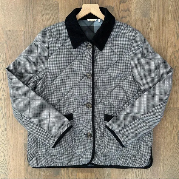 Barbour Orelia Quilted Houndstooth Printed Chore Jacket in Black and Tan US 10/M - Image 4