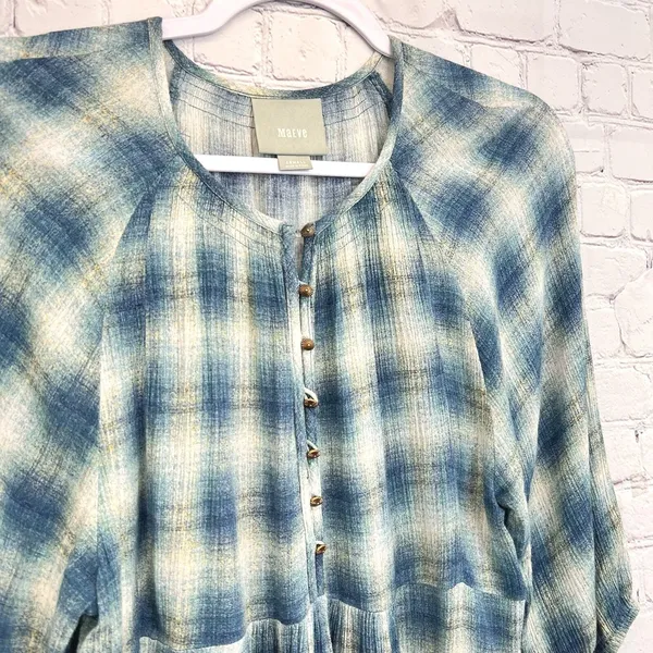 Maeve Plaid Babydoll Tunic‎ Top Henley Button Front Blue Cream Plaid Womens XS - Image 6