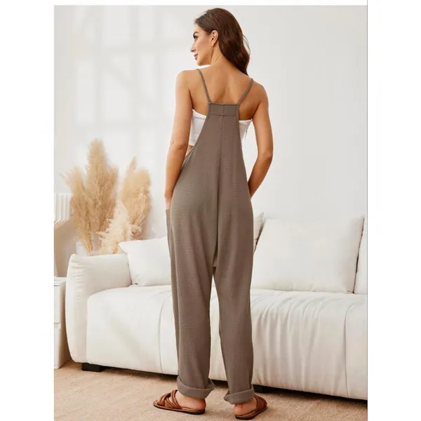 NEW Waffle Knit Jumpsuit Loose Spaghetti Strap Overalls XL - Image 2