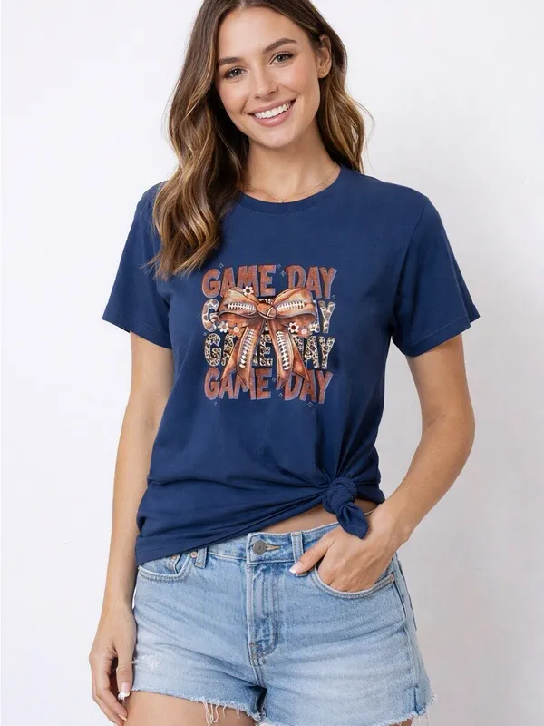 Hanes Game Day Football Bow Graphic Tee Navy Blue Large - Image 2