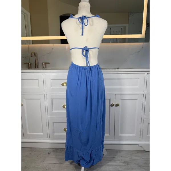 Blue Maxi Dress Womens XS Open Back Smocked Tie Ruffle Hem Boho Vacation Resort - Image 3