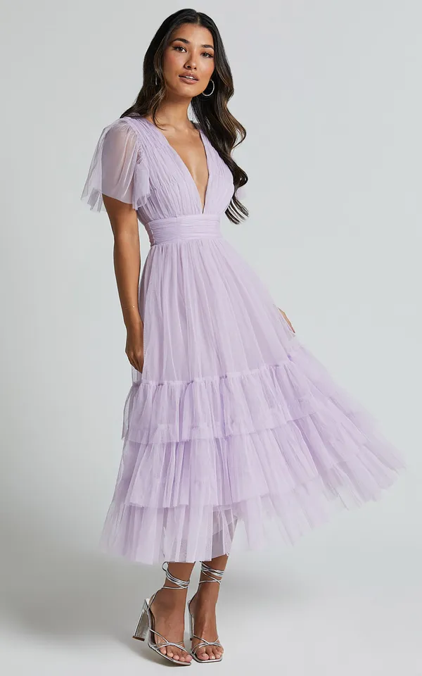 New Showpo Jiraye Midi Dress Flutter Sleeve Tuelle Plunge Dress Size Large - Image 2