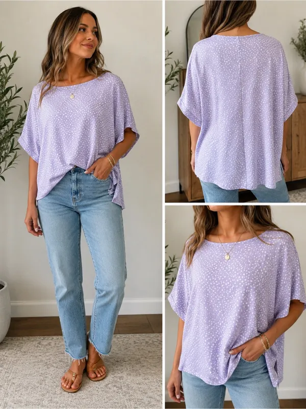 ODDI Women’s M/L Lavender White Abstract Print Oversized Dolman Top - Image 2