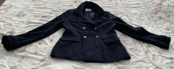 Navy Blue Wool Blend Double Breasted Pea Coat, size M - Image 8