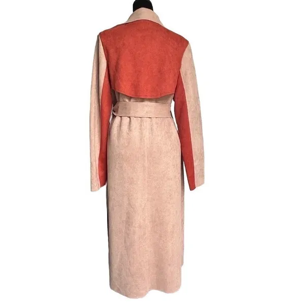 NWT Solitaire Faux Suede Trench Coat Boho Peach Rust Orange Duster Belted Size M - Image 4