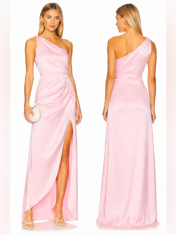 Elliatt Pink Satin One Shoulder Maxi Dress Draped Slip Gown Formal Size L - Image 2