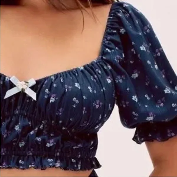 For Love And Lemons Lola Pointelle Blue Floral Coquette Puff Sleeves Crop Top XS - Image 6