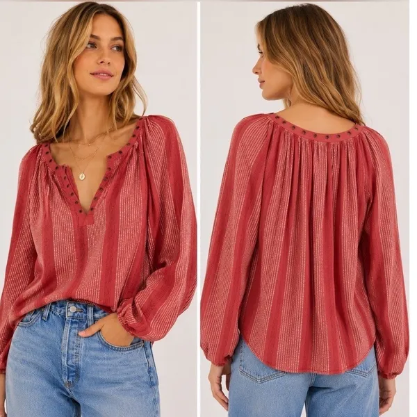 Free People Against All‎ Odds grommet blouse top women's XS peasant rust NEW - Image 2