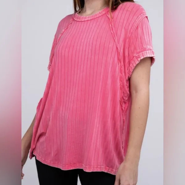Zenana ribbed boat Neck Distressed raglan top Coral L/XL - Image 4