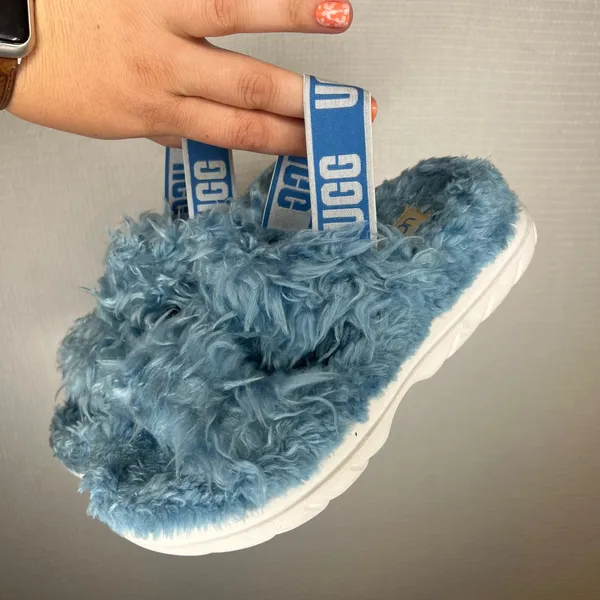 UGG Fluffita Blue Shaggy Faux Fur Platform Slingback Slide Sandals Womens 7 - Image 3