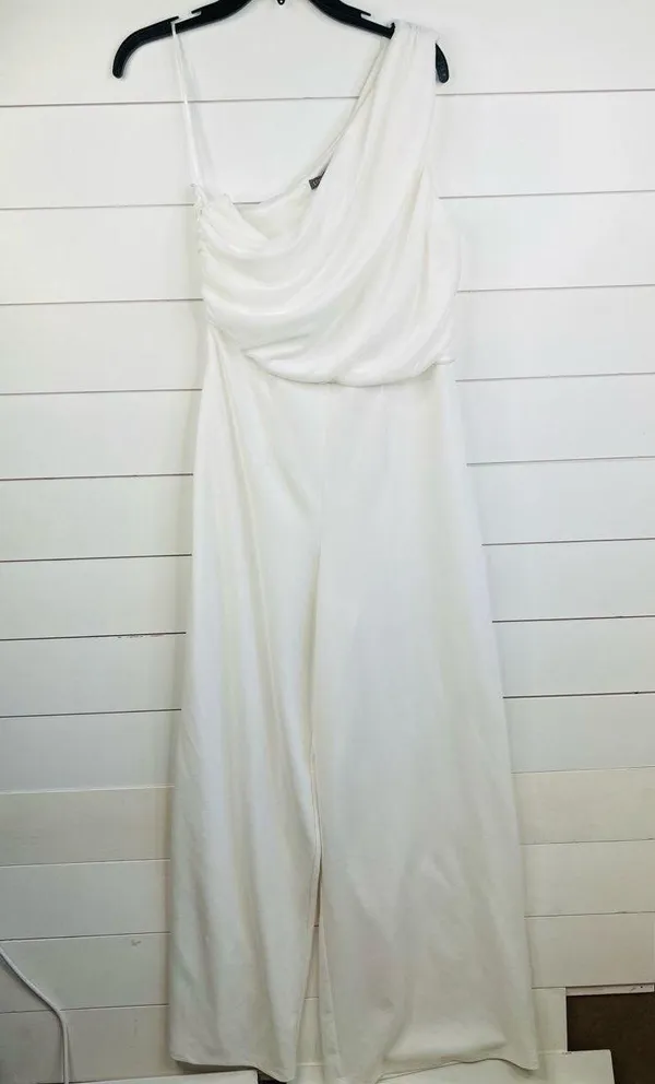 LOVE X DESIGN Jumpsuit Womens Size M White One Shoulder Wide Leg Draped Top - Image 2