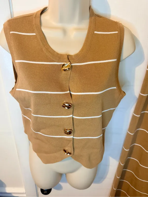LA DIOSA L Khaki Stripe Knit Vest & Wide Leg Pants Set Gold Buttons NWT - Image 7