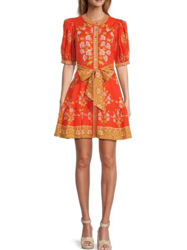 A Loves A Floral Puff-Sleeve Orange Belted Linen Mini Dress New Size Small - Image 15