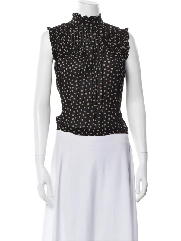 GANNI 2025 Polka Dot Print Mock Neck Smocked Ruffle Pleated Flowy blouse top XS - Image 3