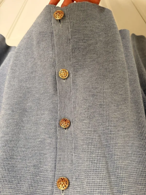Cute Blue Waffle Knit Gold Button Cardigan with Ruffle Collar - Image 5