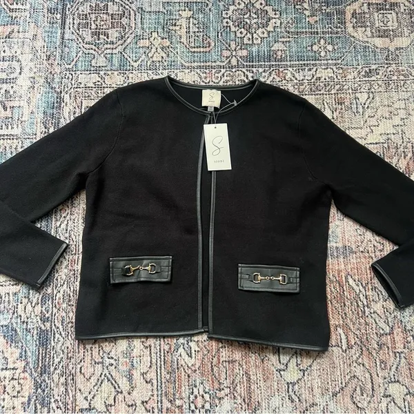 Sioni Faux Leather Trim Blazer Jacket NWT Size Medium Black Gold Accents - Image 9