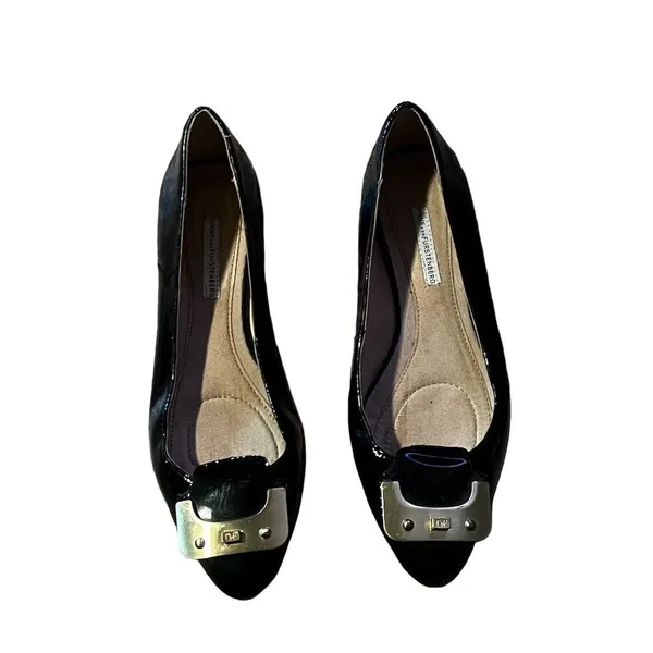 Diane Von Furstenburg Women's Black Patent Leather Ballet Flats Metal Buckle - Image 2