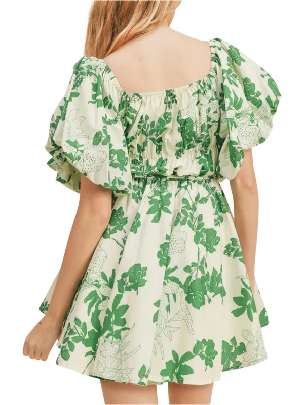 & Merci Puff Sleeve Green Floral Cotton Fit and Flare Mini Dress SMALL - Image 2