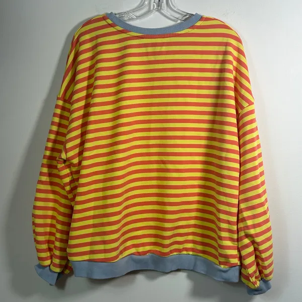 UEU Yellow Orange Striped Sweatshirt Blue Trim Crew Neck Pullover Large - Image 2