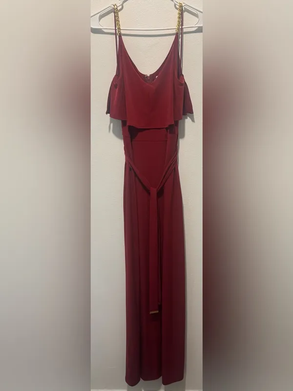 Michael Kors Burgundy Sleeveless V-Neck Maxi Dress with Chain Straps - Image 2