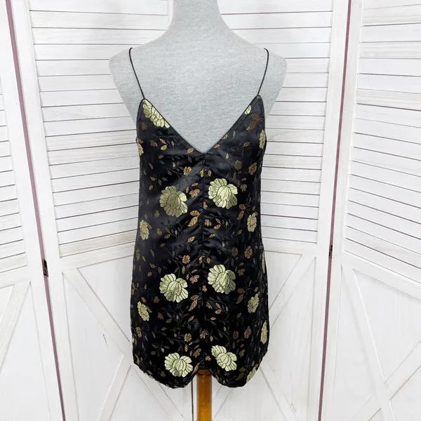 Forever‎ 21 Floral Satin Jacquard Mini Slip Dress Black Gold Medium - Image 5