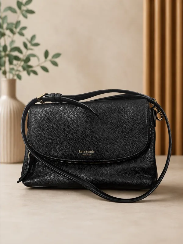Kate Spade Black Polly Convertible Flap Leather Crossbody Bag Purse Length - Image 2