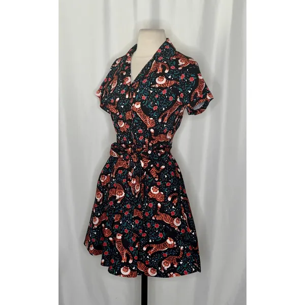 EVA‎ ROSE Tiger Flower Field Knee Length Shirt Dress Shirtdress Tie Waist Small - Image 5
