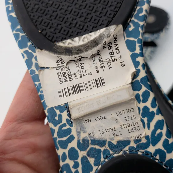 Tory Burch Minnie Travel Sandal Blue Leopard Print‎ Leather Thong Slingback 8M - Image 9