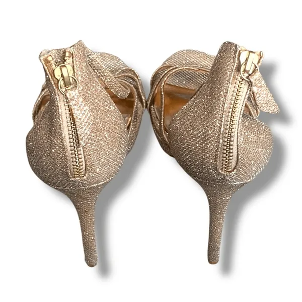 Badgley Mischka Gold Glitter Strappy Heels Ankle Strap Size‎ 9 Zip Back Bridal - Image 6