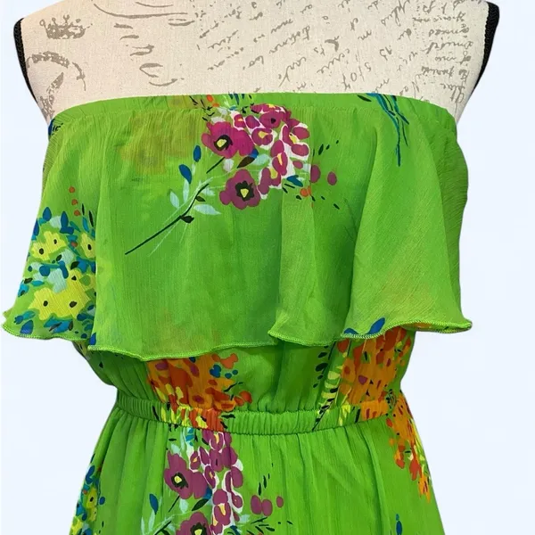Old Navy Green Floral Chiffon Strapless Flounce Maxi Dress Size XS EUC - Image 3