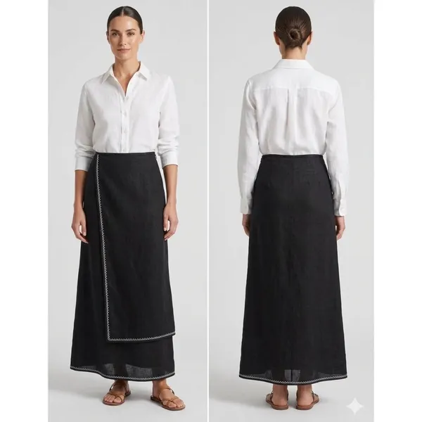 J. Jill Black 100% Linen Faux Wrap Maxi Skirt White Contrast Stitching Size 4 - Image 2