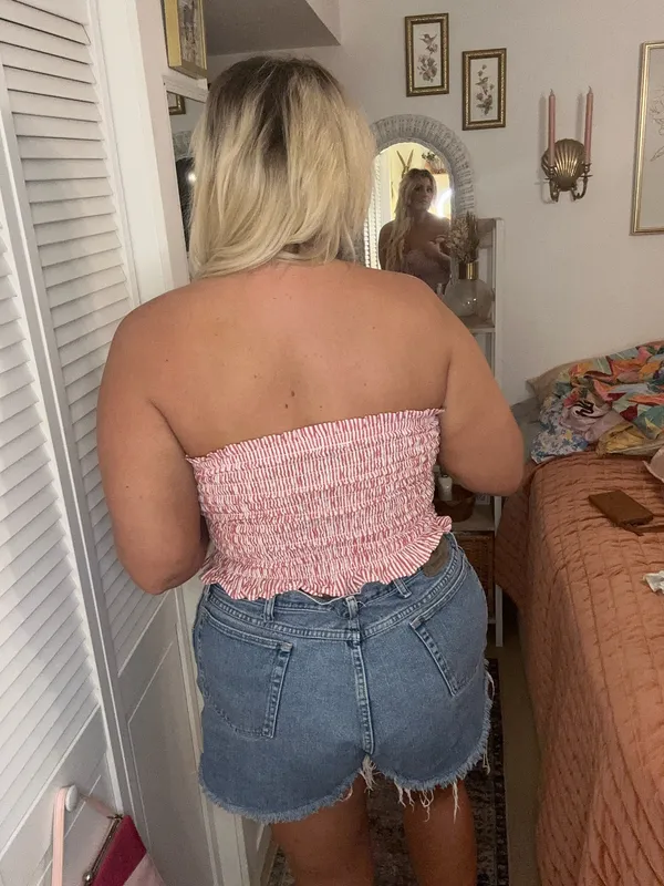American Eagle Outfitters Red and White Ruffle Tube Top with Lace Up Detailing - Image 5