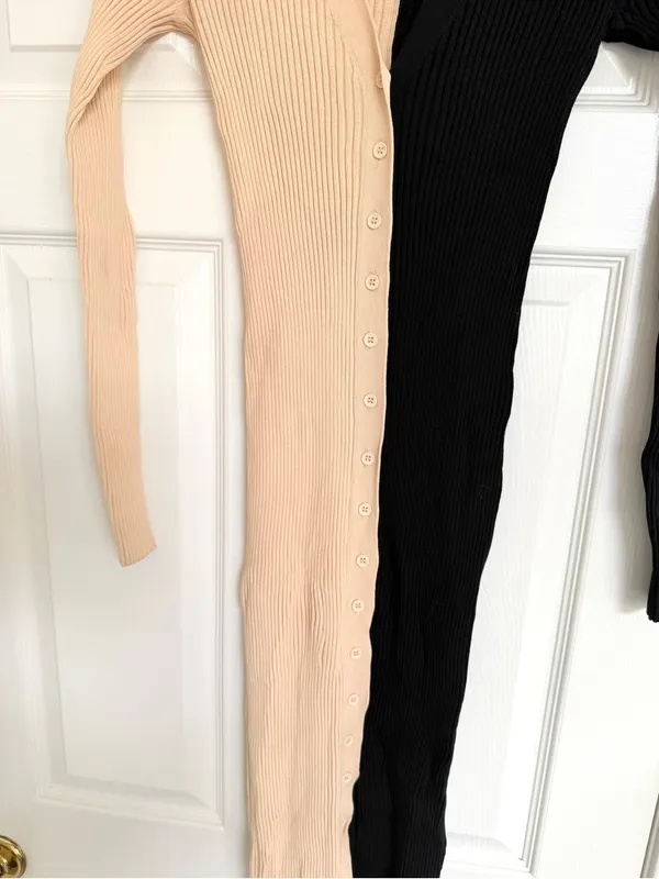 STAUD Shoko Two Tone Ribbed Button Down Midi Dress Colorblock Cream tan Black XS - Image 10